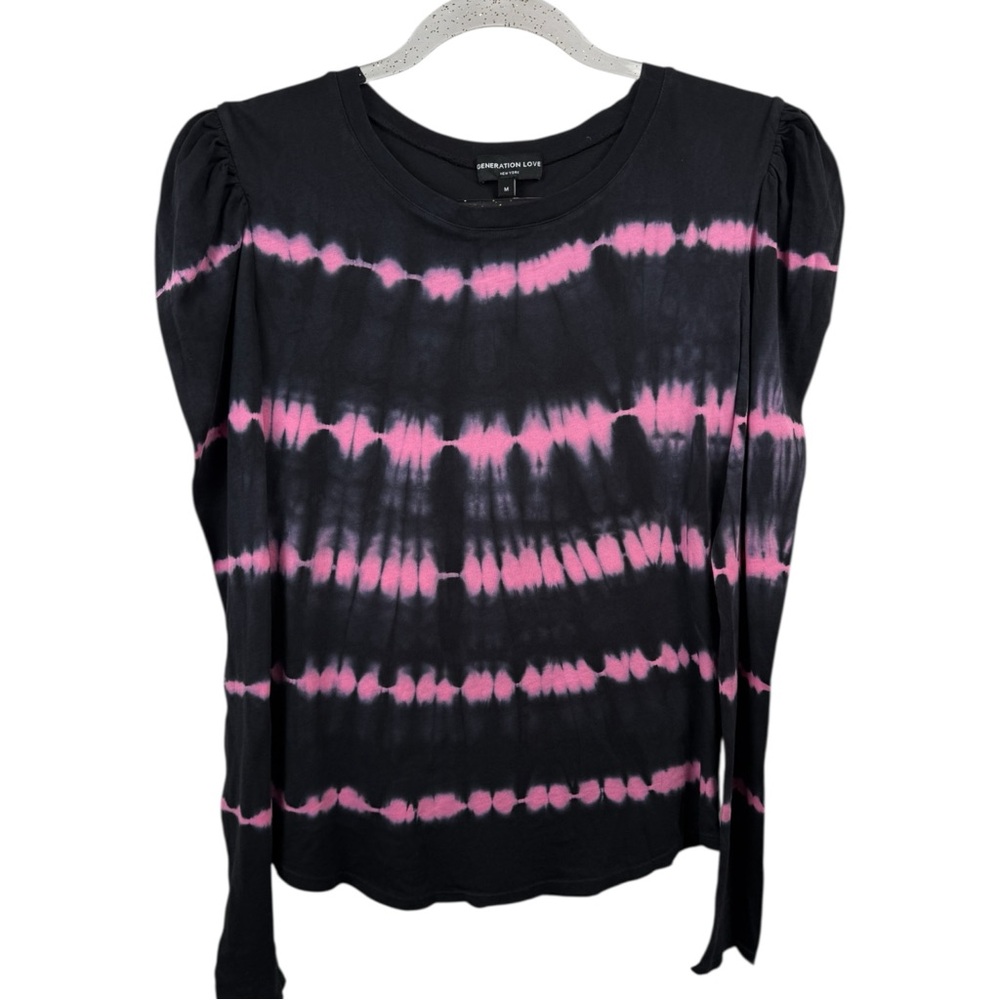 Generation Love Womens LS Tie Dye Top‎ Blouse Black/Pink Puff Sleeve Cotton SZ M - Picture 7 of 8